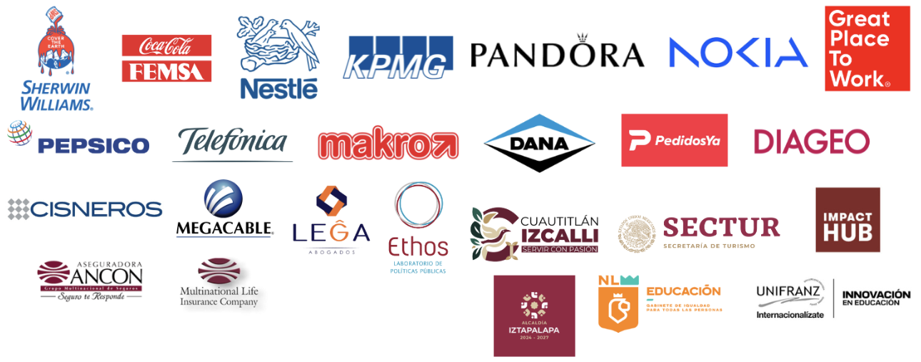 Logos de clientes: Sherwin-Williams, Coca-Cola FEMSA, Nestlé, KPMG, Pandora, Nokia, Great Place to Work, PepsiCo, Telefónica, Makro, DANA, PedidosYa, Diageo, Cisneros, Megacable, Lega Abogados, Ethos, Cuautitlán Izcalli, SECTUR, Impact Hub, Aseguradora Ancón, Multinational Life Insurance Company, Alcaldía Iztapalapa, Educación Nuevo León y Unifranz